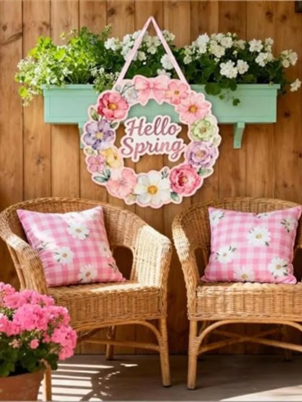 Wooden Spring Wreath with Hollow Floral Design 12 Inch Easter Welcome Sign